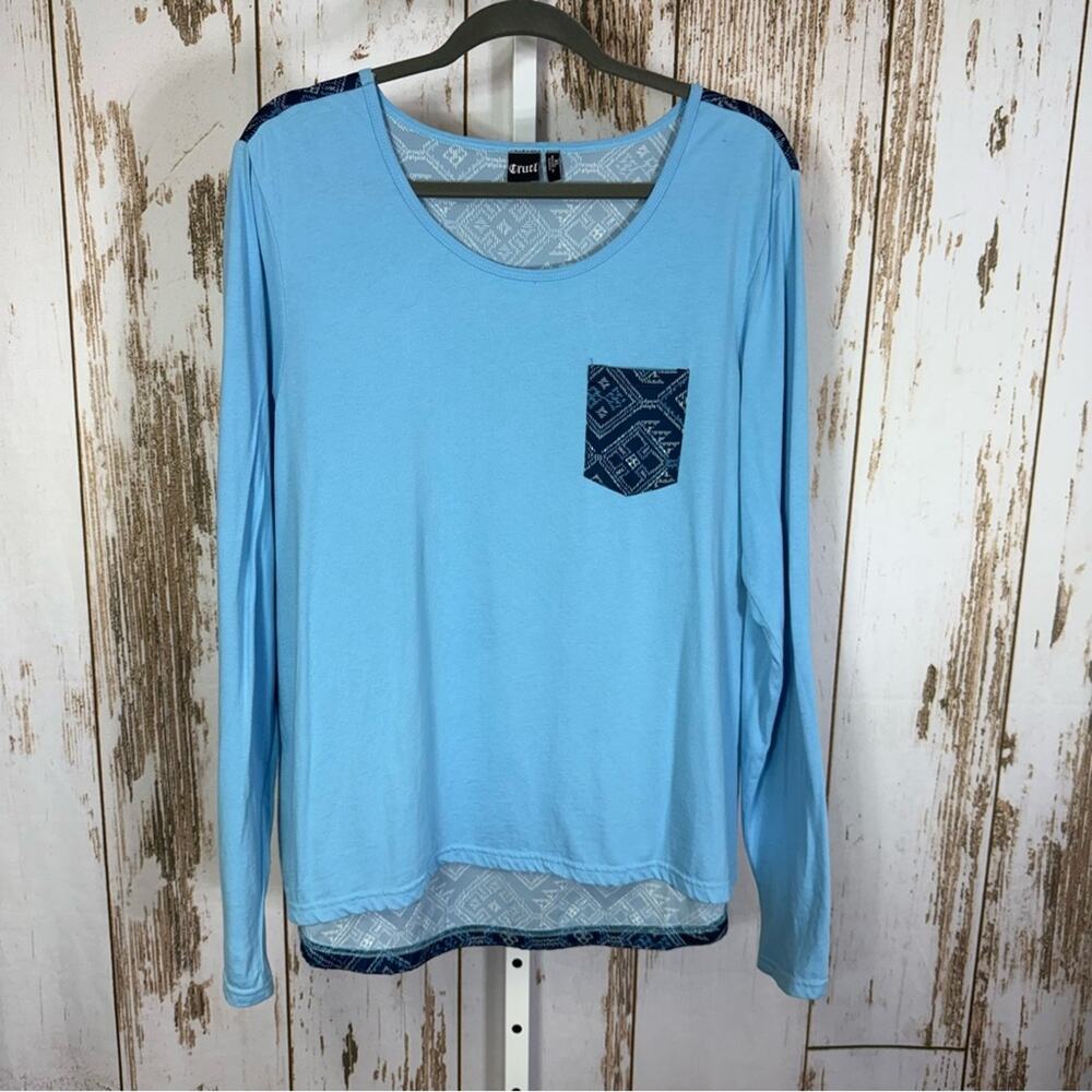 Cruel, Light Blue Long Sleeve Top with Patterned Pocket and Back. Size XL